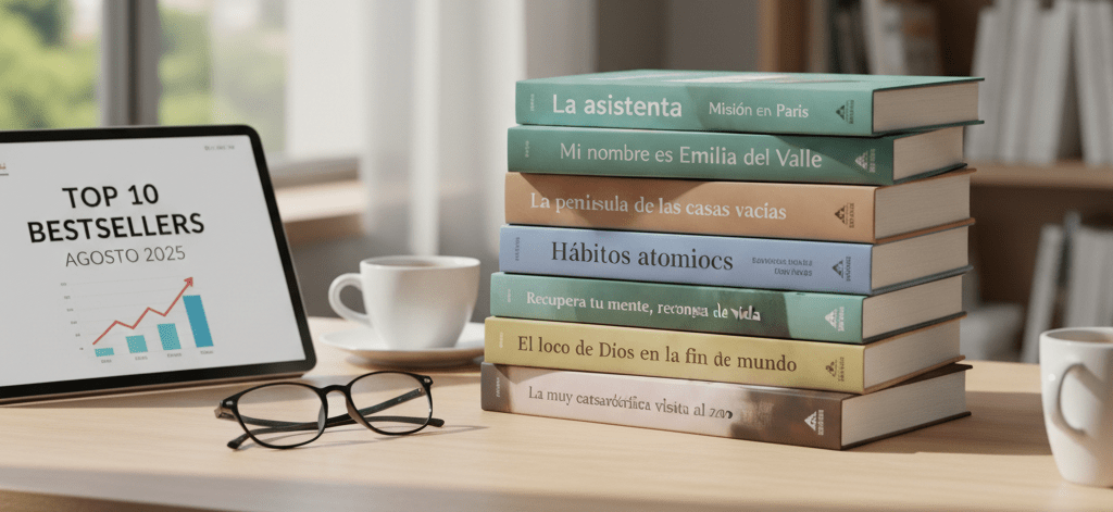 Pila de libros con títulos de los bestsellers de agosto de 2025 en España (como "La asistenta", "Misión en París", "Mi nombre es Emilia del Valle", "Hábitos atómicos")