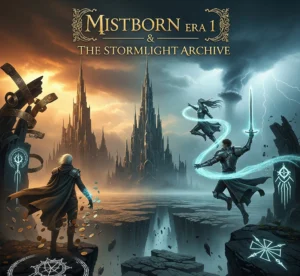 Portadas de libros del Cosmere de Brandon Sanderson, incluyendo 'Mistborn' y 'El Archivo de las Tormentas'.