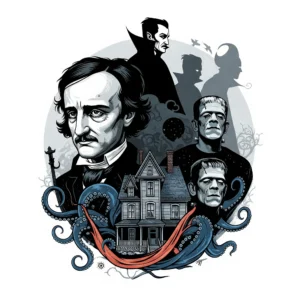 Collage de figuras icónicas del terror literario: Edgar Allan Poe, Drácula, Frankenstein, tentáculos cósmicos y una mansión embrujada.