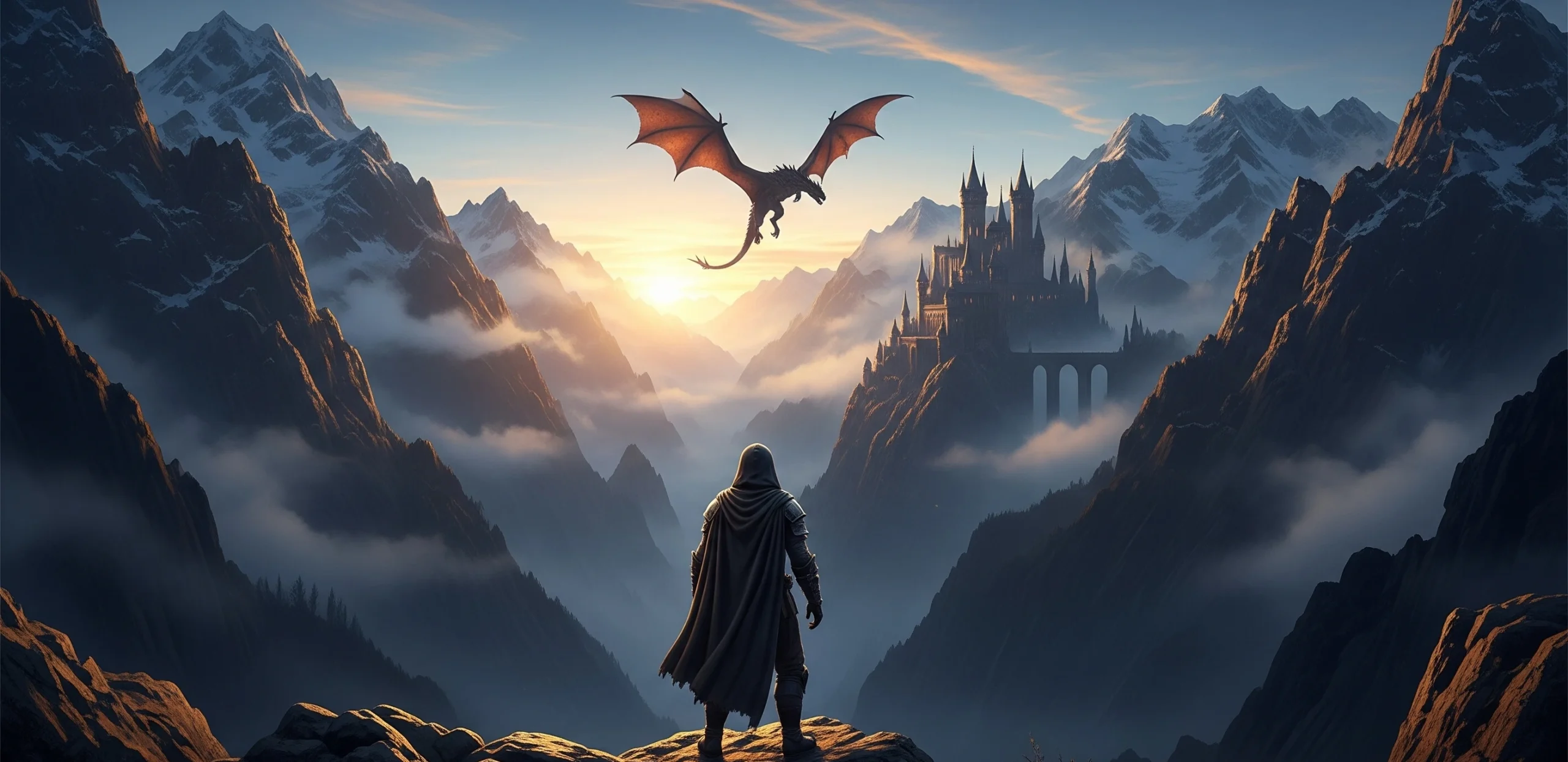 Un aventurero solitario contempla un vasto reino de fantasía