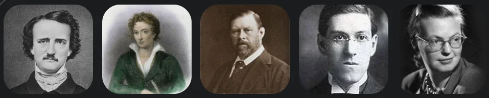 Collage de figuras icónicas del terror literario: Edgar Allan Poe, Drácula, Frankenstein, tentáculos cósmicos y una mansión embrujada.