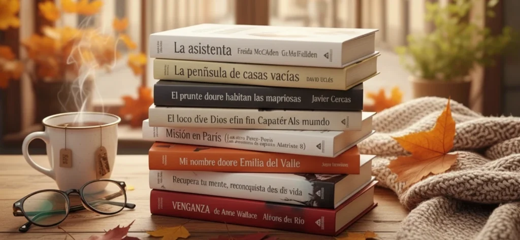 Pila de los 10 libros más vendidos en España en la primera semana de septiembre de 2025 sobre una mesa de madera con hojas otoñales, té y gafas, bajo el título "Los libros más vendidos en España".