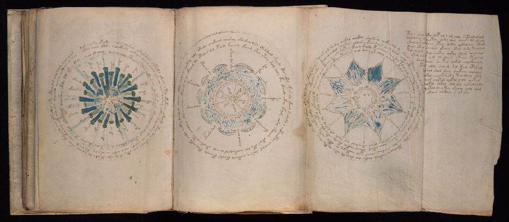 Foto detallada del Manuscrito Voynich, mostrando las páginas de pergamino con su misteriosa escritura e ilustraciones botánicas desconocidas.