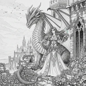 Una guerrera junto a un dragón, representando el género 'romantasy'.