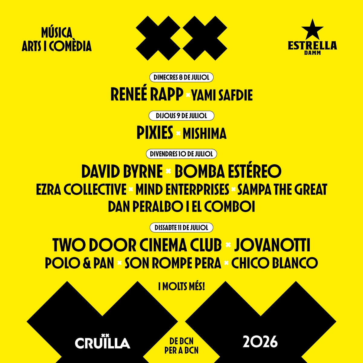 Cruïlla 2026, David Byrne, Jovanotti, Pixies, Bomba Estéreo, Mishima, Two Door Cinema Club, Polo & Pan, Sampa the Great, Yami Safdie, Mind Enterprises, Son Rompe Pera, Chico Blanco, Festival Cruïlla, Música en Barcelona