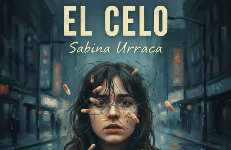 Ilustración de estilo cinematográfico que muestra a una mujer joven con mirada ansiosa y desorientada, rodeada de pastillas flotando y trazos caóticos, junto a una perra de color canela en una calle lluviosa de Madrid