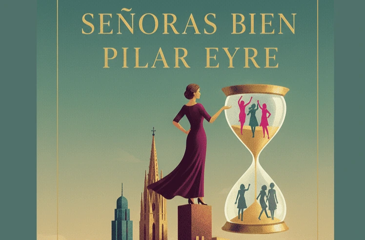 Tres mujeres elegantes en una terraza de Barcelona, ilustración conceptual para la reseña del libro Señoras bien de Pilar Eyre.