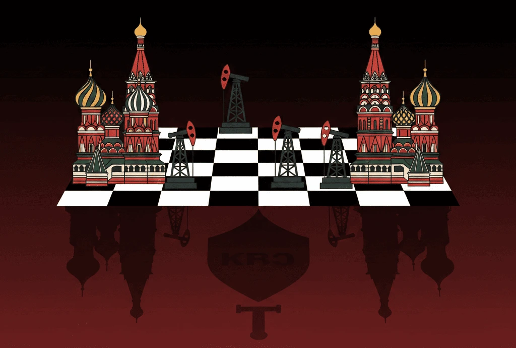 Ilustración de estilo thriller geopolítico para la reseña del libro "Los hombres de Putin" de Catherine Belton, mostrando elementos que simbolizan el poder del KGB, el dinero y la cleptocracia en la Rusia moderna